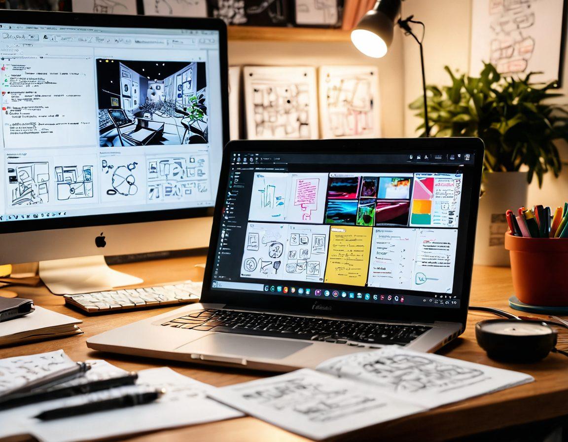 A creative workspace featuring an open journal with handwritten notes, a modern laptop displaying a vibrant video editing software, and a smartphone with a storytelling app. In the background, include sketches of storyboards and digital screens showcasing various media formats like vlogs, podcasts, and illustrations. Soft, warm lighting to evoke inspiration and creativity. super-realistic. vibrant colors. modern design.